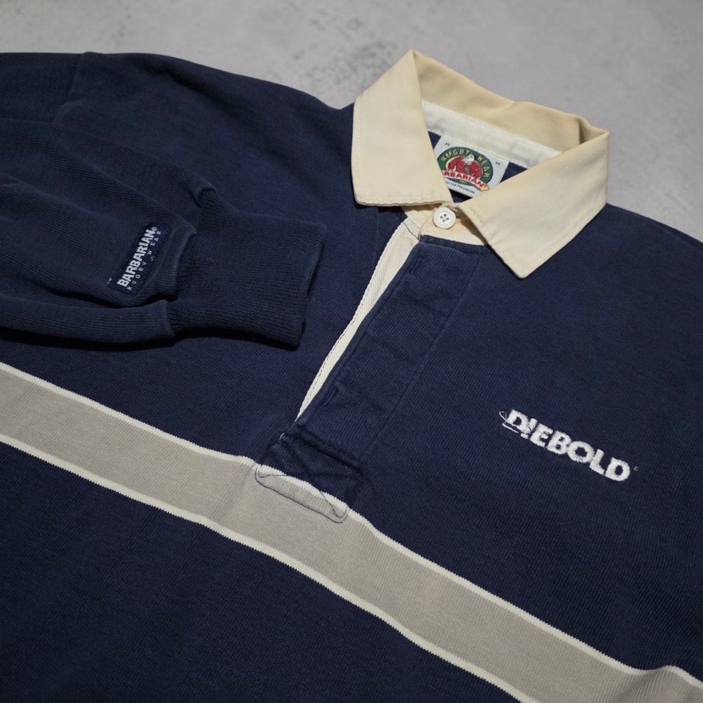 Barbarian Rugby Polo Shirt Mens Medium Navy Gray Diebold Embroidered Long Sleeve